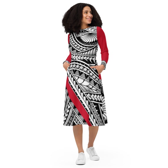Polynesian Tribal Print Midi Dress: Long Sleeve Pocket Dress