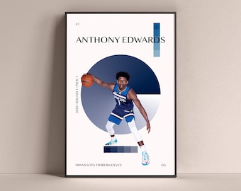 Anthony Edwards Poster, Minnesota Timberwolves Art Print Decoración minimalista de la pared de baloncesto para la vida en casa Niños Sala de juegos Gimnasio Bar Man Cave