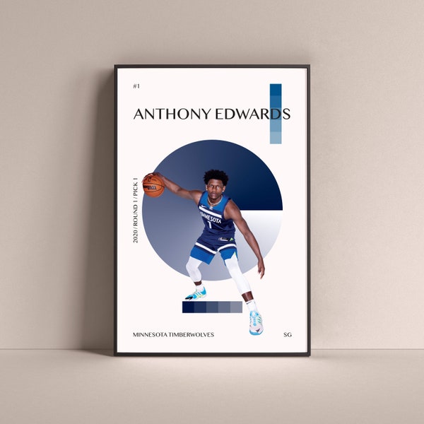 Anthony Edwards Poster, Minnesota Timberwolves Art Print Minimalist Basketball Wall Decor For Home Living Kids Game Room Gym Bar Man Cave