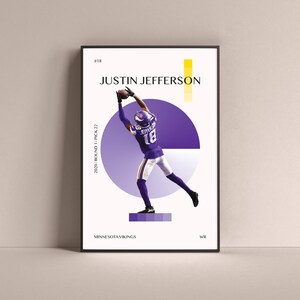 Justin Jefferson Poster, Minnesota Vikings Art Print Minimalist Football Wall Decor For Home Living Kids Game Room Gym Bar Man Cave