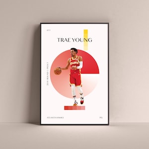 May include: A basketball poster featuring a red, white, and yellow color scheme. The poster features a basketball player dribbling a basketball. The player is wearing a red and gold jersey with the word "Atlanta" on the front. The poster also includes the player's name, "Trae Young", and his jersey number, "#11".