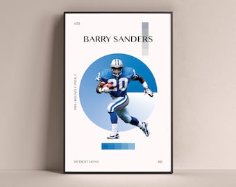 Póster de Barry Sanders, impresión artística de los Leones de Detroit, decoración de pared de fútbol minimalista para el hogar, sala de juegos para niños, gimnasio, Bar, cueva para hombre