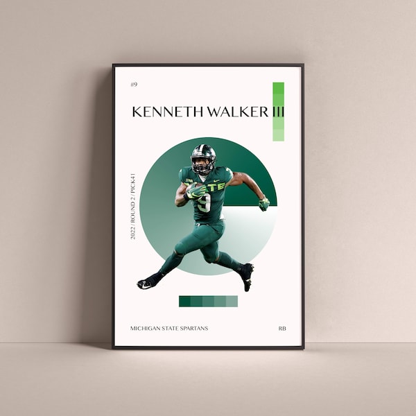 Kenneth Walker III Poster, Michigan State Spartans Art Print Minimalist Football Wall Decor For Home Living Kids Game Room Gym Bar Man Cave