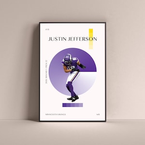 Justin Jefferson Poster, Minnesota Vikings Art Print Minimalist Football Wall Decor For Home Living Kids Game Room Gym Bar Man Cave