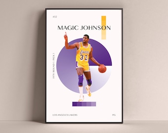 Magic Johnson Poster, Los Angeles Lakers Art Print Minimalist Basketball Wall Decor For Home Living Kids Game Room Gym Bar Man Cave