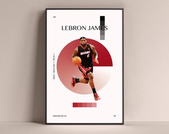 LeBron James Poster, Miami Heat Art Print Minimalist Basketball Wall Decor For Home Living Kids Game Room Gym Bar Man Cave