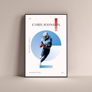 Puede incluir: Un póster con fondo blanco y un círculo azul en el centro. El círculo contiene una foto de un jugador de fútbol americano corriendo con el balón. El jugador lleva una camiseta azul con el número 8. El texto "CHRIS JOHNSON" está en la parte superior del póster en letras rojas y negras. El texto "#28" está en la esquina superior izquierda. El texto "2008 ROUND 1 PICK 24" está en el lado izquierdo del póster. El texto "TENNESSEE TITANS" está en la esquina inferior izquierda. El texto "RB" está en la esquina inferior derecha.