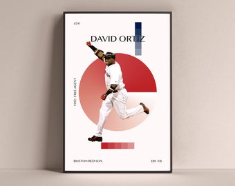 May include: A baseball player in a red and white uniform swings a bat. The player is in mid-swing, with his legs extended and his arms raised. The background is a red and white circle with the text "DAVID ORTIZ" and "1992/ FREE AGENT" on the side. The text "BOSTON RED SOX" and "DH/1B" are at the bottom of the image.