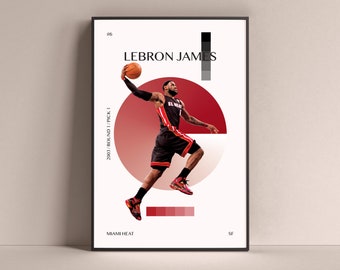 LeBron James Poster, Miami Heat Art Print Minimalist Basketball Wall Decor For Home Living Kids Game Room Gym Bar Man Cave
