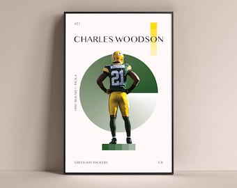 Charles Woodson Poster, Green Bay Packers Art Print Minimalist Football Wall Decor For Home Living Kids Game Room Gym Bar Man Cave