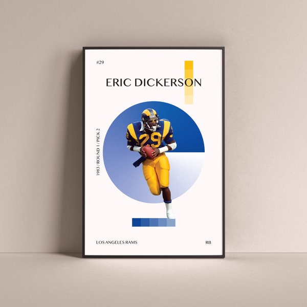 Eric Dickerson Poster, Los Angeles Rams Art Print Minimalist Football Wall Decor For Home Living Kids Game Room Gym Bar Man Cave