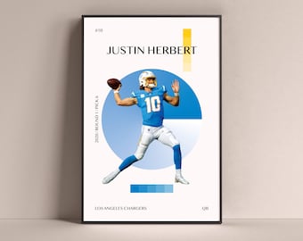 Justin Herbert Poster, Los Angeles Chargers Art Print Minimalist Football Wall Decor For Home Living Kids Game Room Gym Bar Man Cave