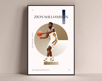 Zion Williamson Poster, New Orleans Pelicans Art Print Minimalist Basketball Wall Decor For Home Living Kids Game Room Gym Bar Man Cave
