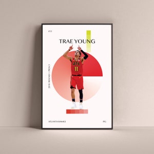 May include: A basketball poster featuring a red, white, and yellow color scheme. The poster features a basketball player in a red jersey with the number 11 and the letters ATL on the front. The player is jumping in the air with his arms raised. The text "TRAE YOUNG" is at the top of the poster. The text "2018/ROUND 1/PICK 5" is on the left side of the poster. The text "ATLANTA HAWKS" is at the bottom left of the poster. The text "PG" is at the bottom right of the poster.