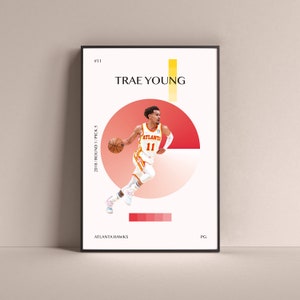 May include: A digital illustration of basketball player Trae Young in a red, yellow, and black Atlanta Hawks uniform dribbling a basketball. The background is a white circle with a red and white gradient. The text "#11", "TRAE YOUNG", "2018/ROUND 1/PICK 5", "ATLANTA HAWKS", and "PG" are also included in the image.