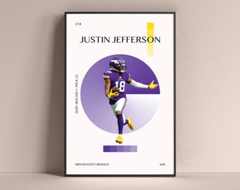 Justin Jefferson Poster, Minnesota Vikings Art Print Minimalist Football Wall Decor For Home Living Kids Game Room Gym Bar Man Cave