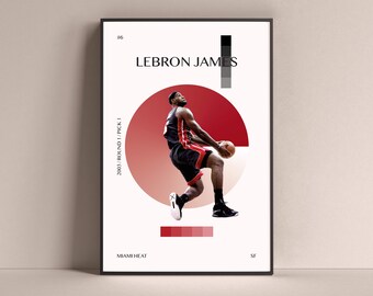 LeBron James Poster, Miami Heat Art Print Minimalist Basketball Wall Decor For Home Living Kids Game Room Gym Bar Man Cave