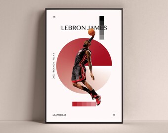 LeBron James Poster, Miami Heat Art Print Minimalist Basketball Wall Decor For Home Living Kids Game Room Gym Bar Man Cave