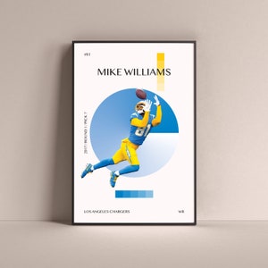 Mike Williams Poster, Los Angeles Chargers Art Print Minimalist Football Wall Decor For Home Living Kids Game Room Gym Bar Man Cave