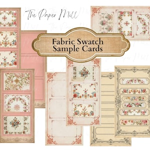 May include: A collection of rectangular paper cards featuring floral patterns, decorative borders, and blank sections. A central label reads The Paper Mill Fabric Swatch Sample Cards. The designs include cream, pink, and beige tones with intricate botanical illustrations and ornate frames.