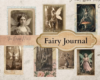 Puede incluir: Un collage de imágenes de hadas de estilo vintage, que incluye retratos y escenas con hadas en varios entornos. El texto "Fairy Journal" se muestra de forma destacada, con las palabras "The Paper Mill" también visibles.