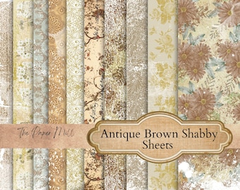Shabby Brown Antique Paper, Floral Ephemera Junk Journal Digital Download