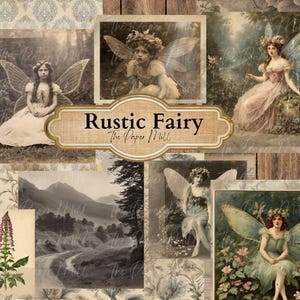 Puede incluir: Un collage con imágenes vintage de hadas, paisajes e ilustraciones botánicas. Un letrero de madera central con el texto "Rustic Fairy The Paper Mill". Las imágenes tienen un tono sepia, creando una estética nostálgica.