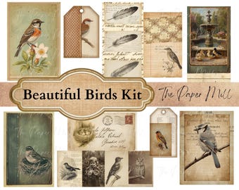 Vintage Beautiful Birds Junk Journal Kit, Printable Collection - Digital Download - Antique Style Papers
