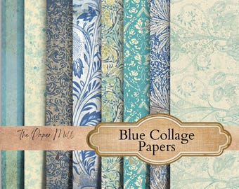 Shabby Blue Papers Junk Journal Kit, Grungy Vintage Printable ephemera, floral paper, collage sheets