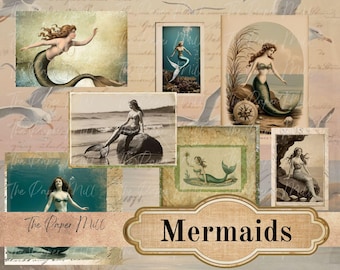 Junk Journal Instant Download, Mermaids, Mythical Creature, Embellishments, Fantasy Printable Papers