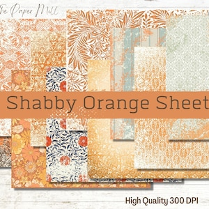 Shabby Orange Papers Junk Journal Kit, Grungy Vintage Printable ephemera, floral paper, collage sheets