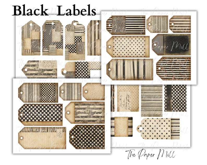 Black and White Junk Journal Tags Printable, Polka Dot Stripe Ephemera ...