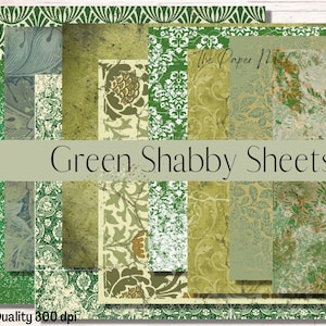 Shabby Green Papers Junk Journal Kit, Grungy Vintage Printable ephemera, floral paper, collage sheets