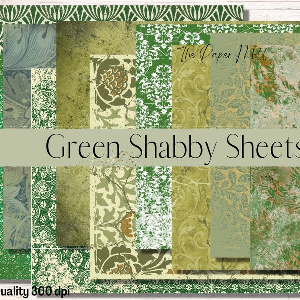 Shabby Green Papers Junk Journal Kit, Grungy Vintage Printable ephemera, floral paper, collage sheets