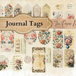 Junk Journal-versieringen met bloemenlabel, tijdschriftbedels