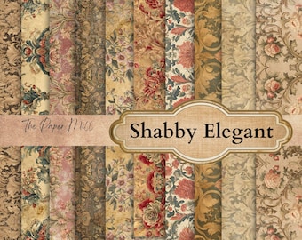 May include: A collection of patterned papers with a vintage aesthetic. The papers feature floral and damask designs in muted tones of beige, pink, and red. The words "Shabby Elegant" are displayed on a banner.