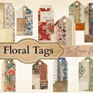 May include: A collection of vintage-style floral tags with various patterns and textures. The tags feature floral designs, handwritten script, and a variety of colors, including red, blue, and green. The text "Floral Tags" is displayed prominently.