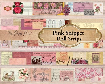 Junk Journal, Digital, Pink Snippet Roll Strips, Faux Washi Verzierung,