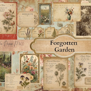 Puede incluir: Un collage de estilo vintage con ilustraciones botánicas y notas manuscritas, con el texto "Forgotten Garden." El diseño incorpora etiquetas e imágenes florales en una paleta de rosas suaves, verdes y tonos beige, evocando nostalgia.