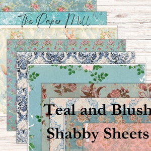 Digital Shabby Teal and Blush Papers Junk Journal Kit, Grungy Vintage Printable ephemera, floral paper, collage sheets