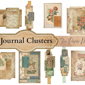 Op de afbeelding: Een verzameling vintage journal clusters met bloemen- en botanische ontwerpen. De afbeelding toont verschillende papieren ephemera, waaronder rozen, varens en decoratieve elementen. De tekst "Journal Clusters" en "The Paper Mill" worden weergegeven.