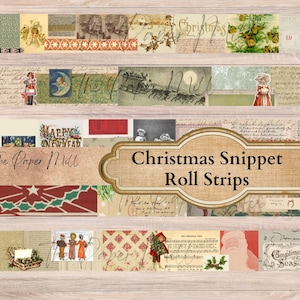 Könnte beinhalten: Eine Collage aus Vintage-Papierstreifen zum Thema Weihnachten. Die Streifen zeigen Illustrationen von Weihnachtsmännern, Engeln und Winterszenen sowie Text mit der Aufschrift "Christmas Snippet Roll Strips" und "The Paper Mill". Die Farbpalette umfasst Rot, Grün und Creme.