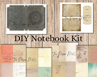May include: A DIY notebook kit with a vintage aesthetic. The kit includes a cover with a distressed blue and green design, a spine, and a variety of patterned papers with text and floral designs. The kit is labeled "The Paper Mill".