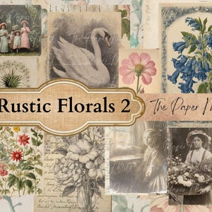 May include: A collection of vintage floral images, featuring a swan, flowers, and children. The central banner displays "Rustic Florals 2" and "The Paper Mill". The color scheme is muted, with sepia tones and floral designs.