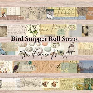 Junk Journal Digital, Bird Snippet Roll Strips, Faux Washi Embellishment,