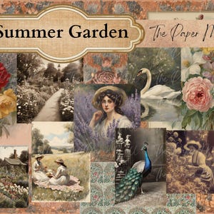 May include: A collage of vintage-style artwork with a summer garden theme. It features images of flowers, a swan, a peacock, and women in a garden setting. The text "Summer Garden" is displayed prominently.