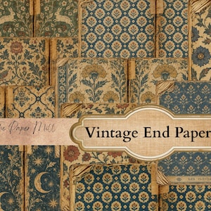 Pode incluir: Uma coleção de papéis de guarda vintage com vários padrões florais, celestiais e animais em tons de azul, creme e castanho. Uma faixa central exibe o texto The Paper Mill e Vintage End Papers numa fonte serifada escura.