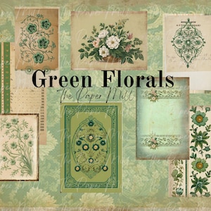 Junk Journal Vintage Grüne Blumen Druckbare Sammlung - Digital Download - Antike Papiere - Collage für Journaling