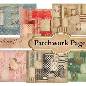 May include: A collection of digital patchwork pages featuring various patterns including stripes, polka dots, and floral motifs in red, blue, pink, green, and neutral tones. The text "The Paper Mill" and "Patchwork Pages" is overlaid on the image.