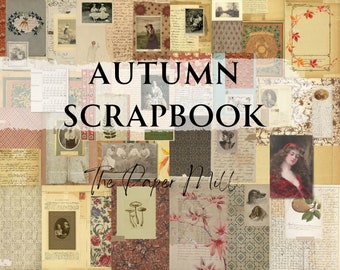 Könnte beinhalten: Eine Collage aus Vintage-Bildern und Papieren mit Herbstthema. Der Titel "AUTUMN SCRAPBOOK" ist in schwarzer Schrift auf weißem Hintergrund dargestellt. Der Text "The Paper Mill" ist ebenfalls auf dem Bild zu sehen.
